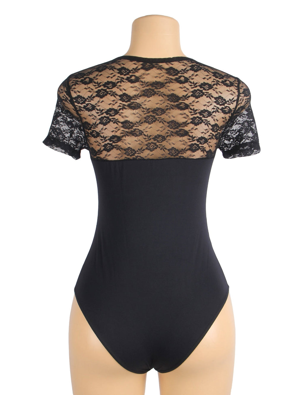 Black Short Sleeve Bodysuit – Lace Mesh on Chest & Sleeves, Round Neck - TeaseFashion