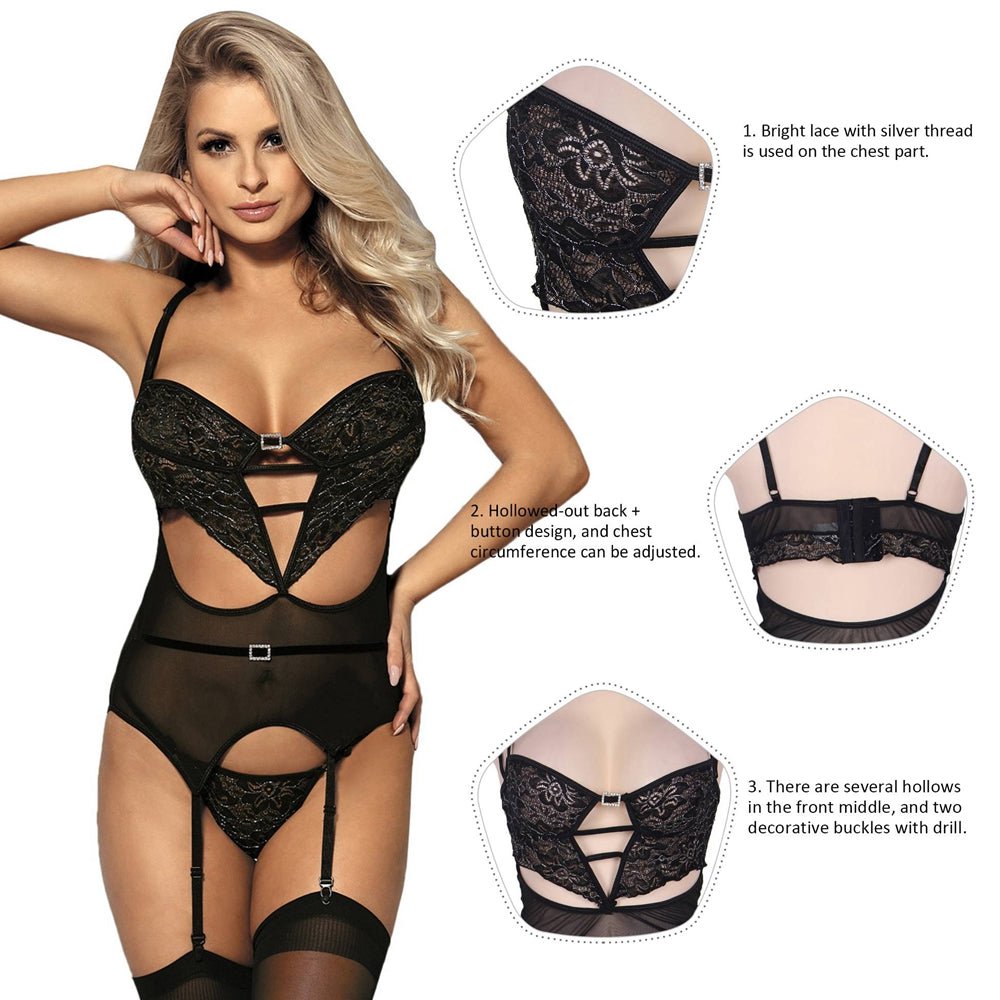 Black Silver Thread Lace & Mesh Lingerie Set – Cut - Out Detail, Diamond Clasps, Garter Belt & Thong - TeaseFashion