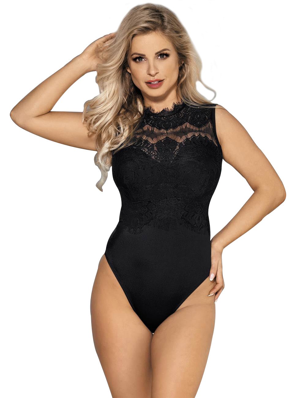 Black Sleeveless Bodysuit – Eyelash Lace Chest, Pearl Button Mesh Back - TeaseFashion