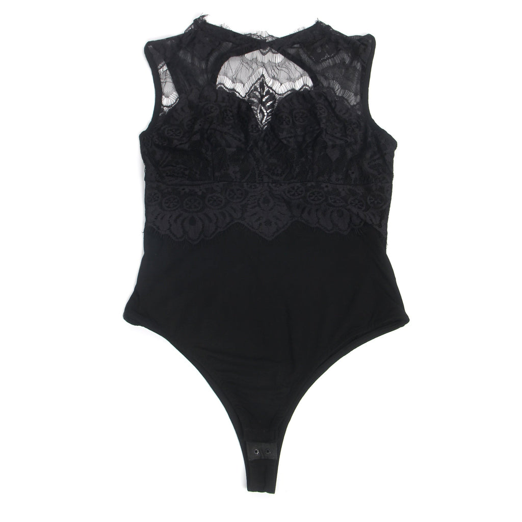 Black Sleeveless Bodysuit – Eyelash Lace Chest, Pearl Button Mesh Back - TeaseFashion