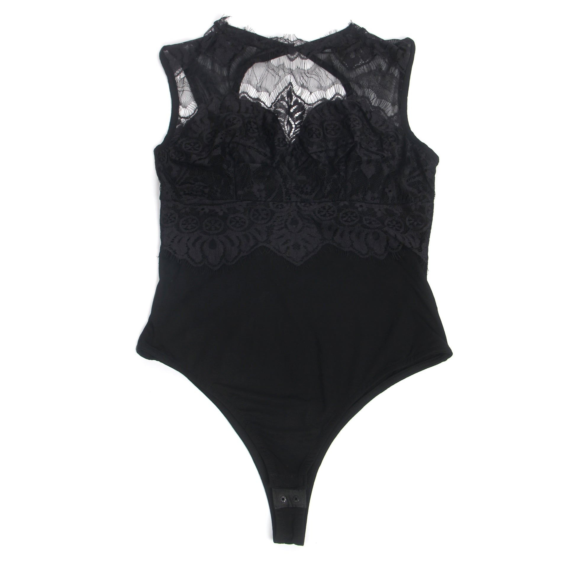 Black Sleeveless Bodysuit – Eyelash Lace Chest, Pearl Button Mesh Back - TeaseFashion