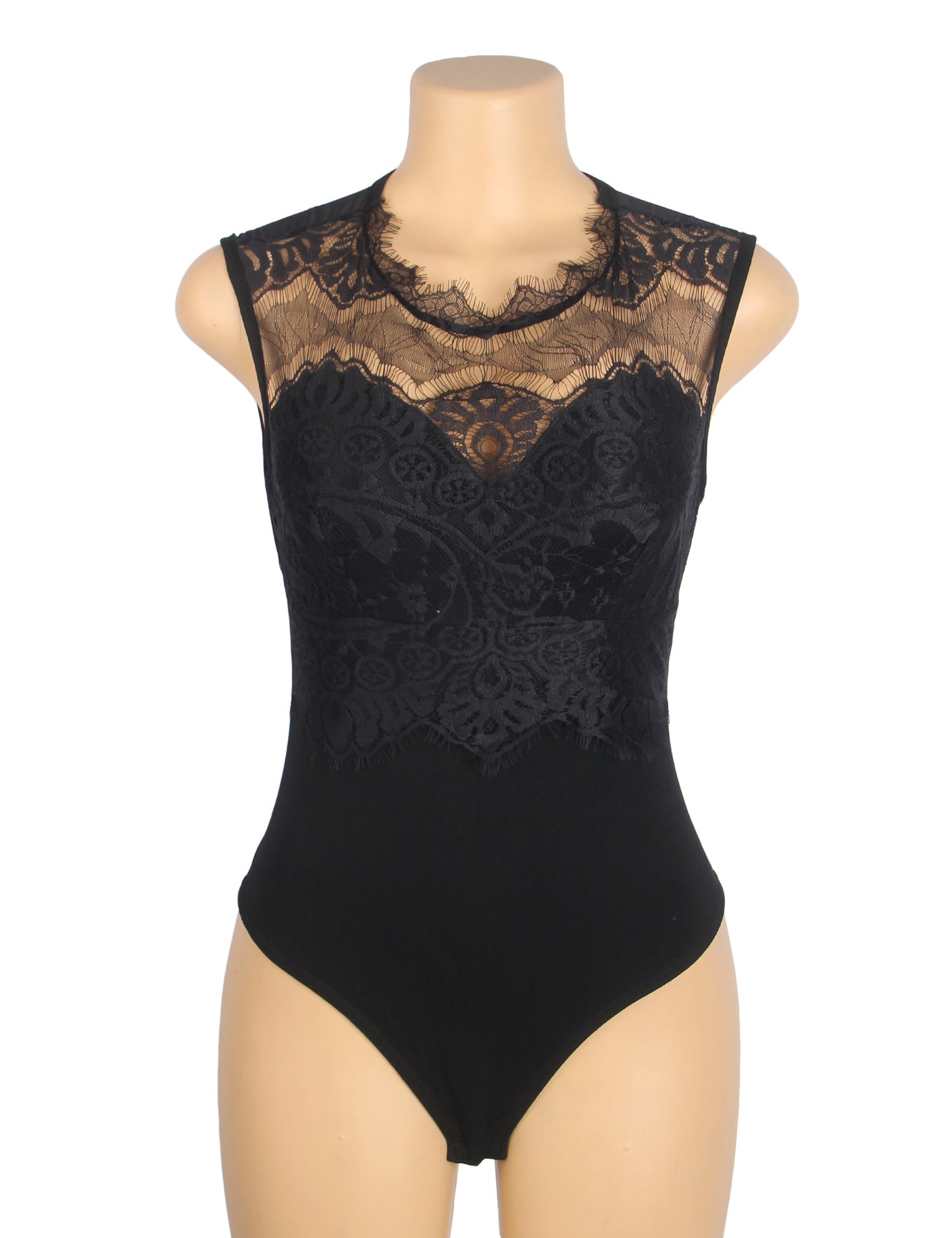 Black Sleeveless Bodysuit – Eyelash Lace Chest, Pearl Button Mesh Back - TeaseFashion