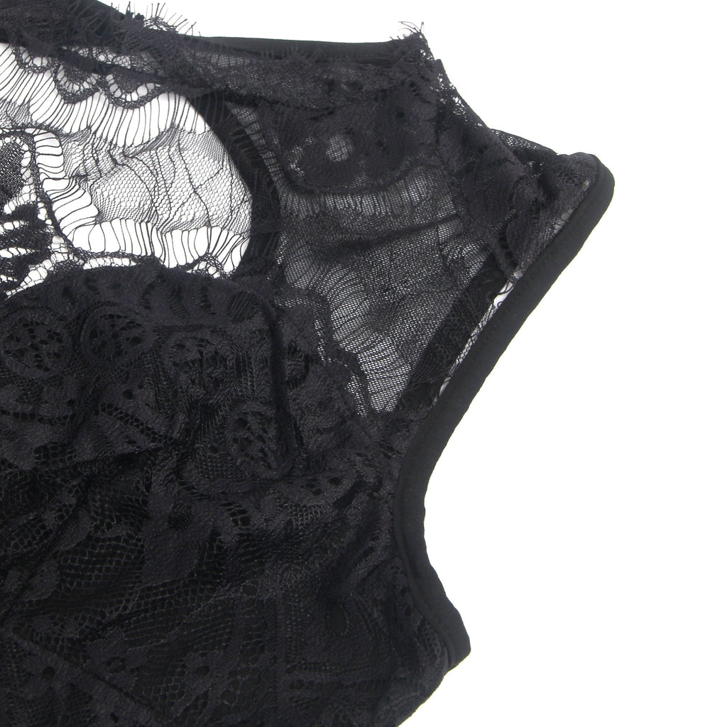 Black Sleeveless Bodysuit – Eyelash Lace Chest, Pearl Button Mesh Back - TeaseFashion