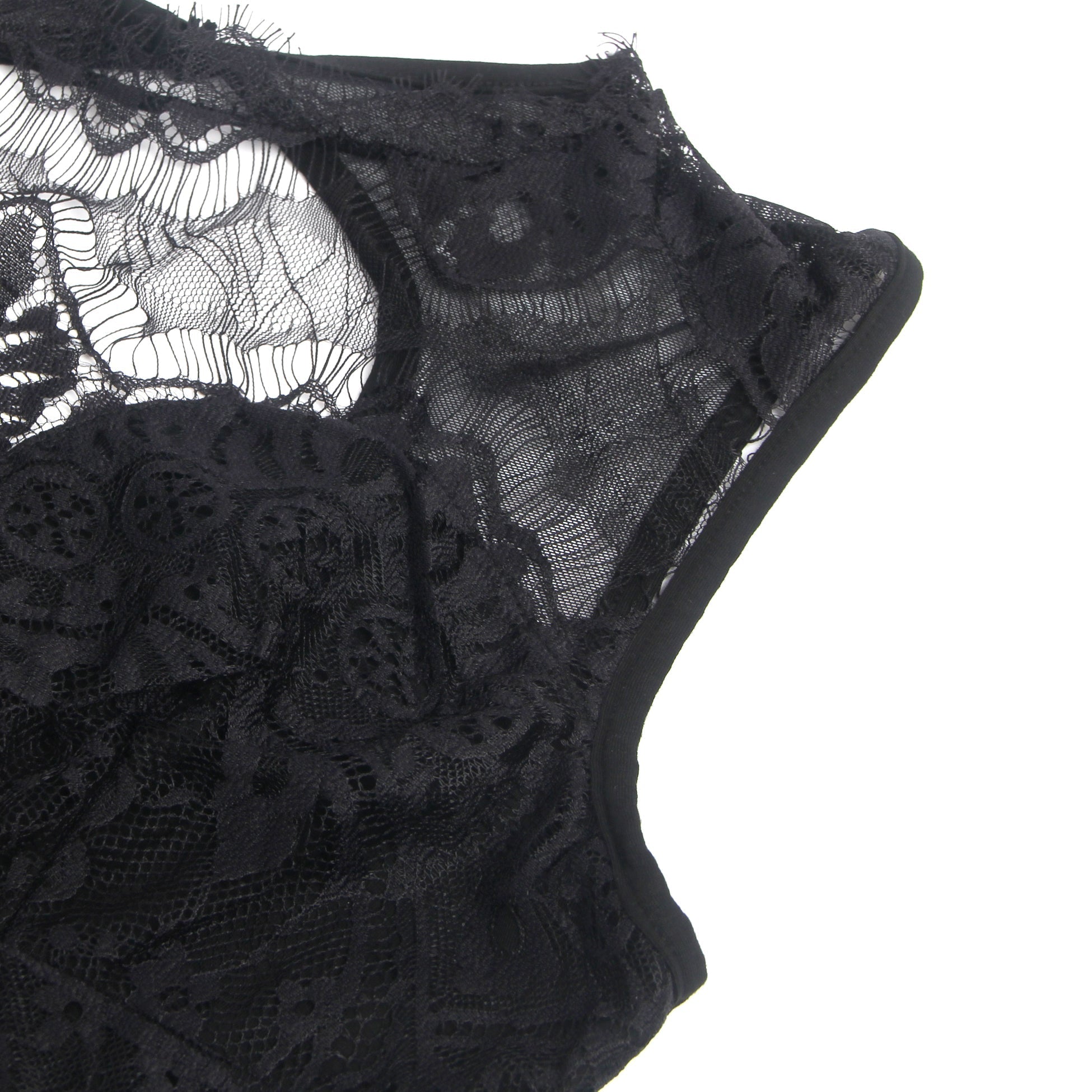 Black Sleeveless Bodysuit – Eyelash Lace Chest, Pearl Button Mesh Back - TeaseFashion