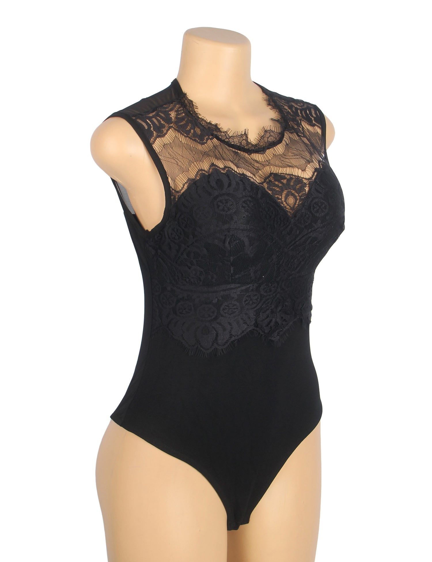 Black Sleeveless Bodysuit – Eyelash Lace Chest, Pearl Button Mesh Back - TeaseFashion