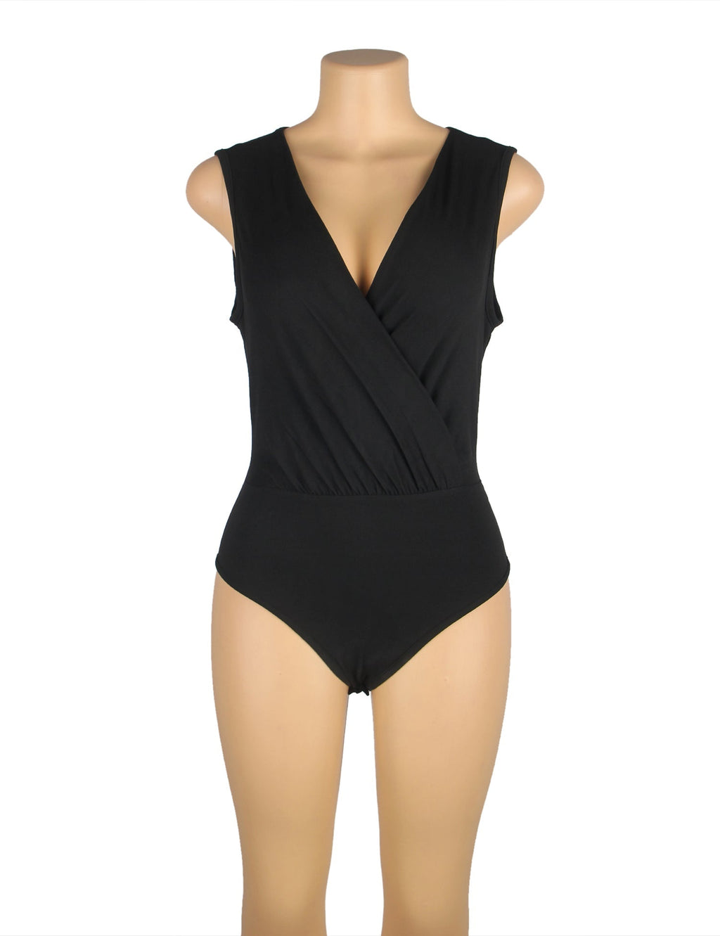 Black Sleeveless Deep V Bodysuit – Wrinkle - Resistant, Back Zipper & Snap Crotch - TeaseFashion