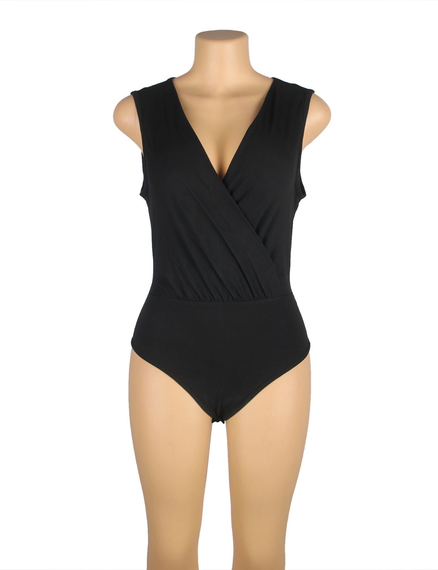 Black Sleeveless Deep V Bodysuit – Wrinkle - Resistant, Back Zipper & Snap Crotch - TeaseFashion