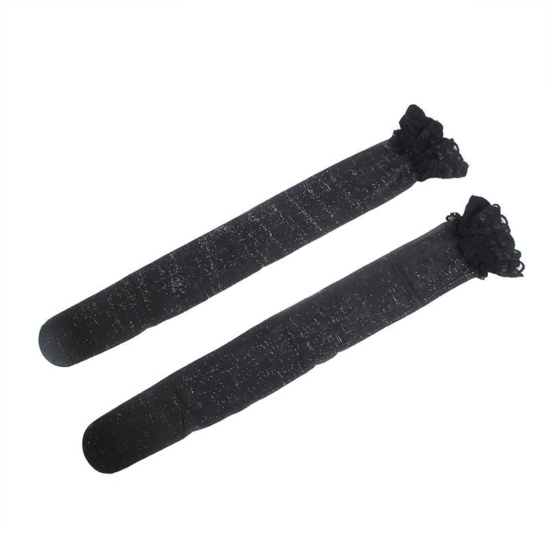 Black Sparkle Thigh - High Stockings with Lace Trim & Silicone Band - TeaseFashion