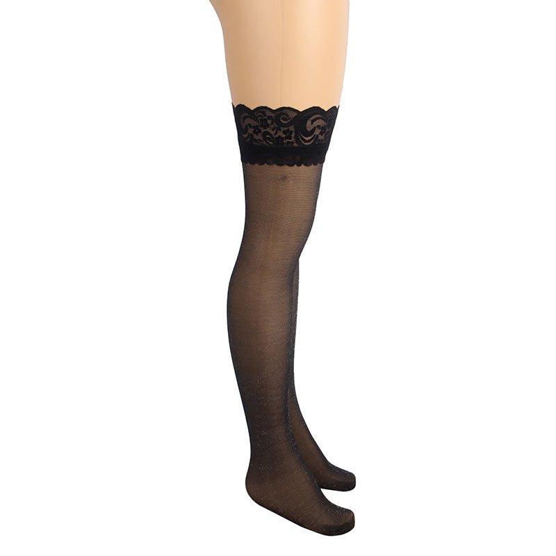 Black Sparkle Thigh - High Stockings with Lace Trim & Silicone Band - TeaseFashion