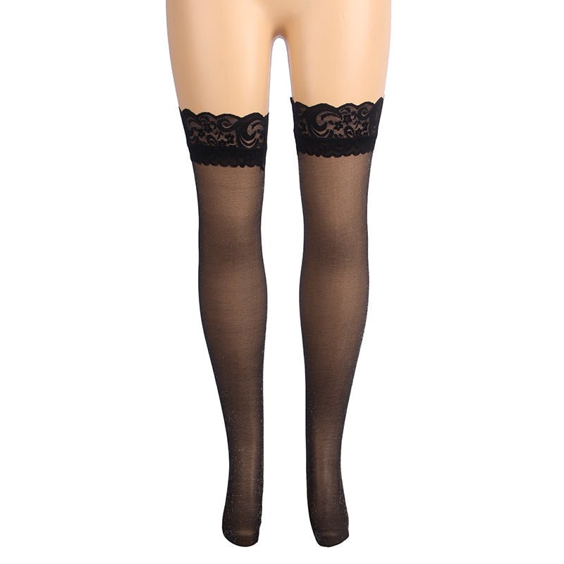 Black Sparkle Thigh - High Stockings with Lace Trim & Silicone Band - TeaseFashion