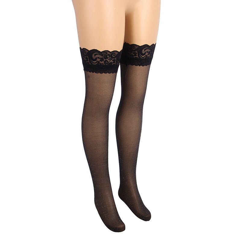 Black Sparkle Thigh - High Stockings with Lace Trim & Silicone Band - TeaseFashion