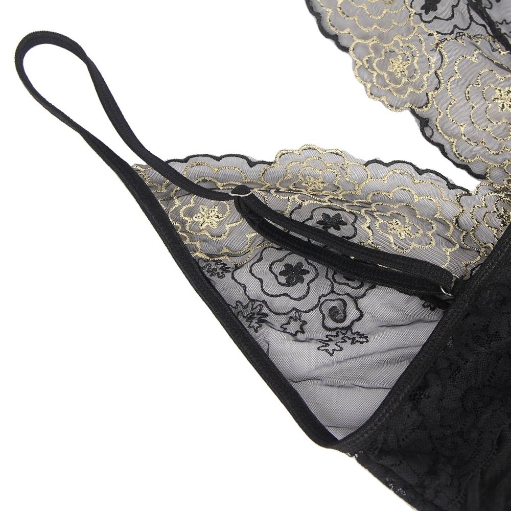 Black Steel - Ring Mesh Babydoll with Eyelash Lace, Open Back, Split & Thong Set - TeaseFashion