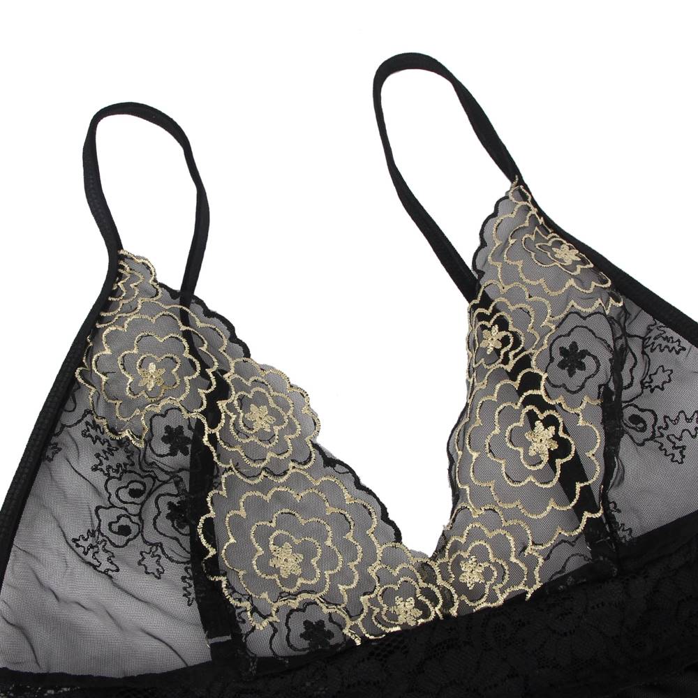 Black Steel - Ring Mesh Babydoll with Eyelash Lace, Open Back, Split & Thong Set - TeaseFashion