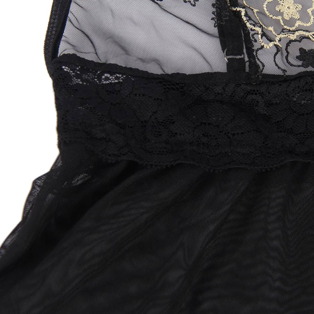Black Steel - Ring Mesh Babydoll with Eyelash Lace, Open Back, Split & Thong Set - TeaseFashion