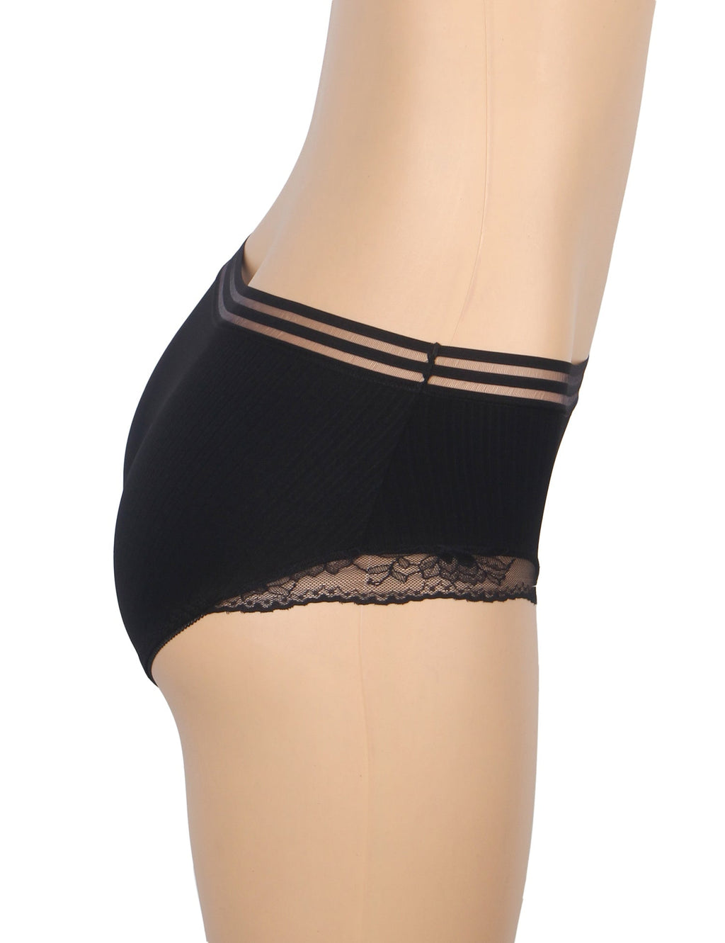 Black Striped Brief with Lace Hem & Cotton Gusset - TeaseFashion