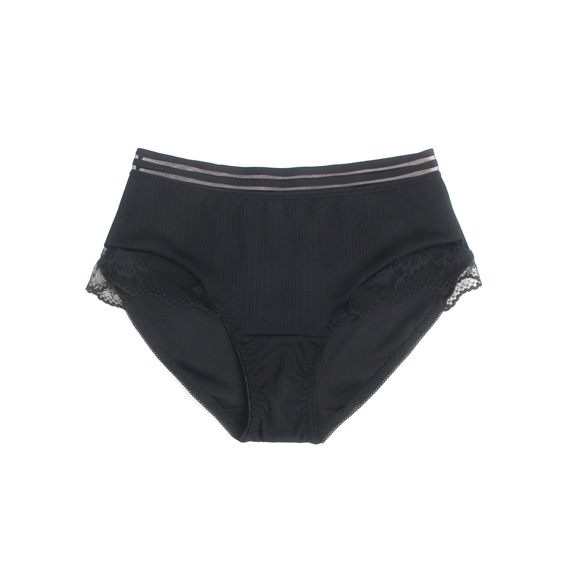 Black Striped Brief with Lace Hem & Cotton Gusset - TeaseFashion