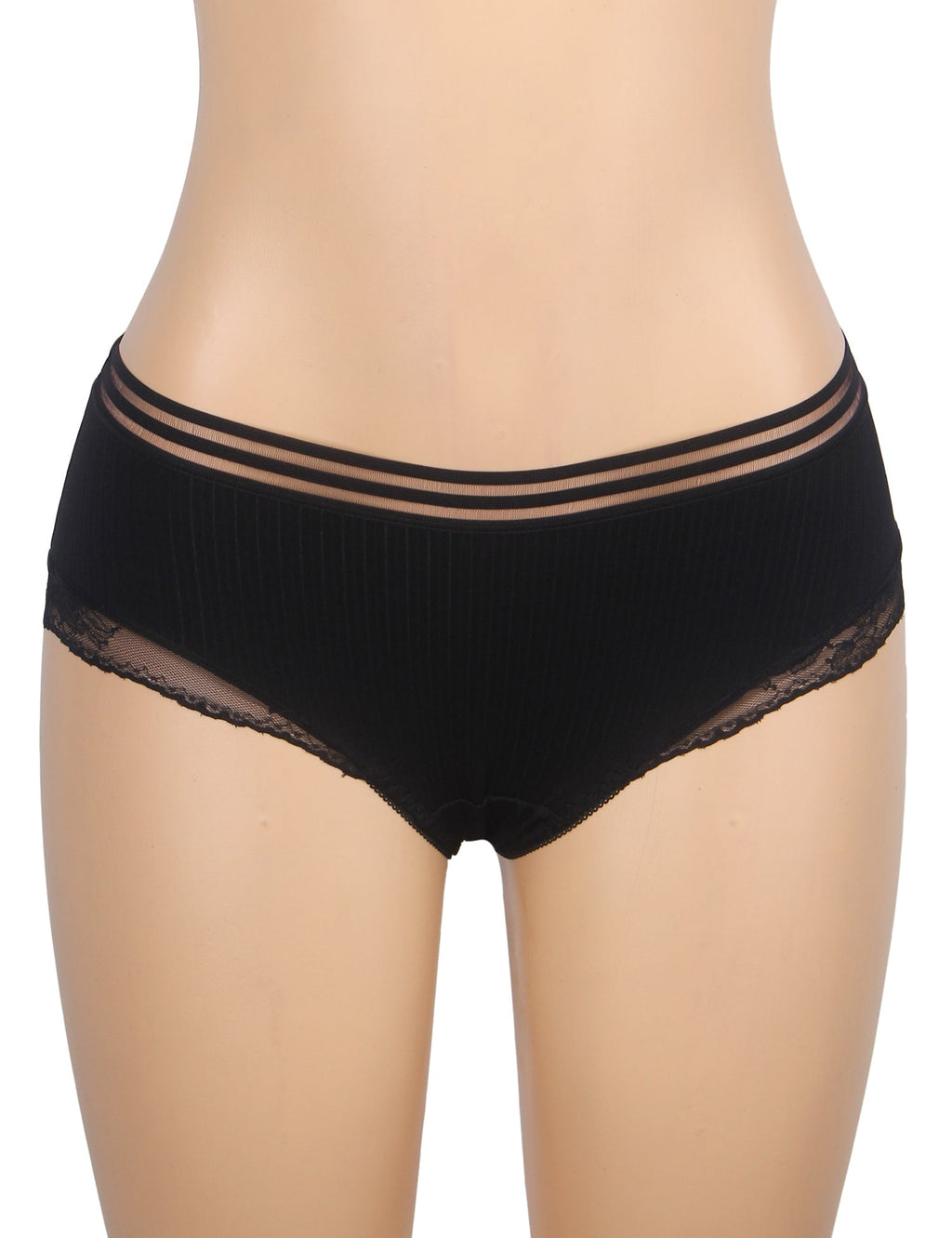 Black Striped Brief with Lace Hem & Cotton Gusset - TeaseFashion