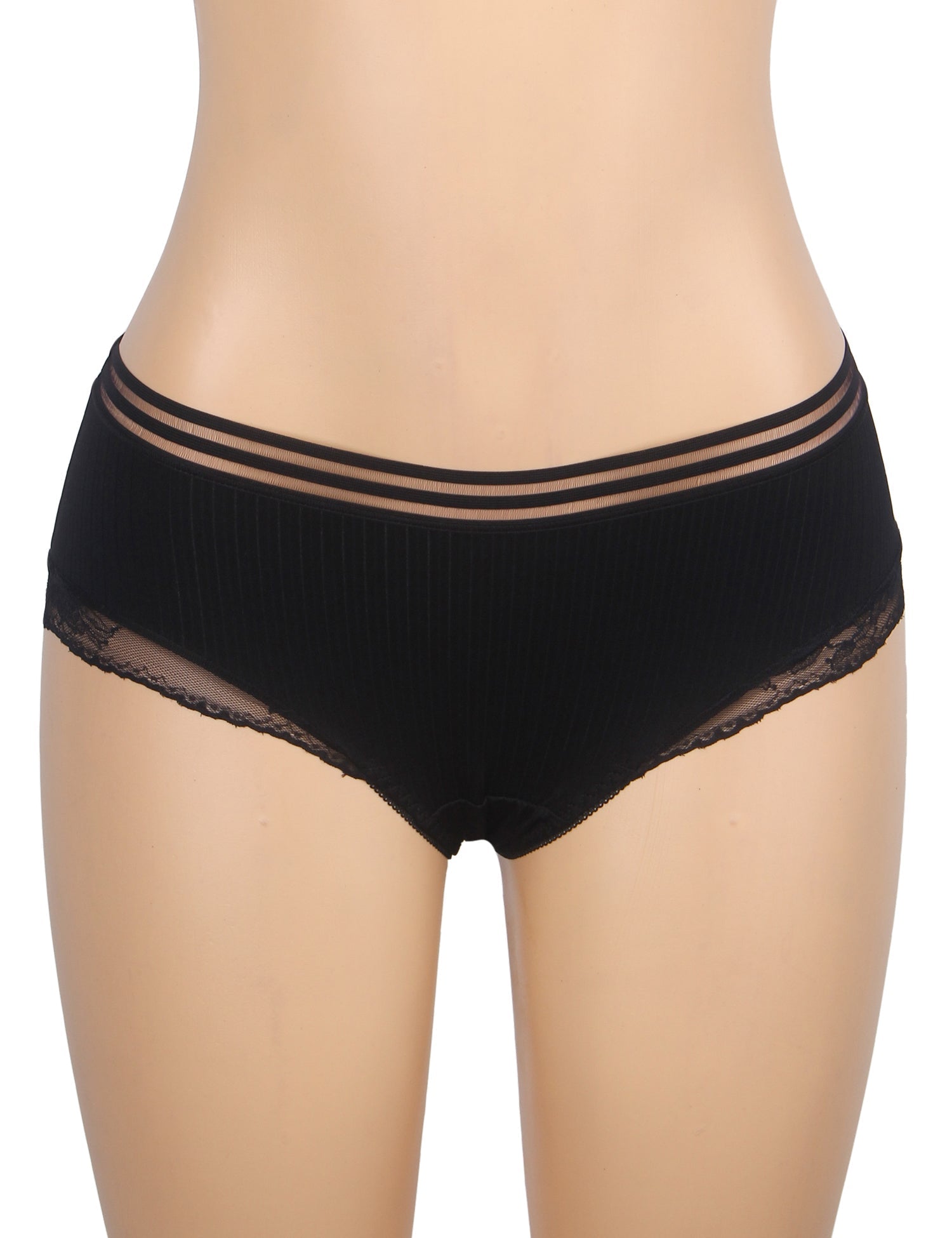 Black Striped Brief with Lace Hem & Cotton Gusset - TeaseFashion
