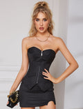 Black Striped Corset Set with Zip, Skirt & Thong - TeaseFashion
