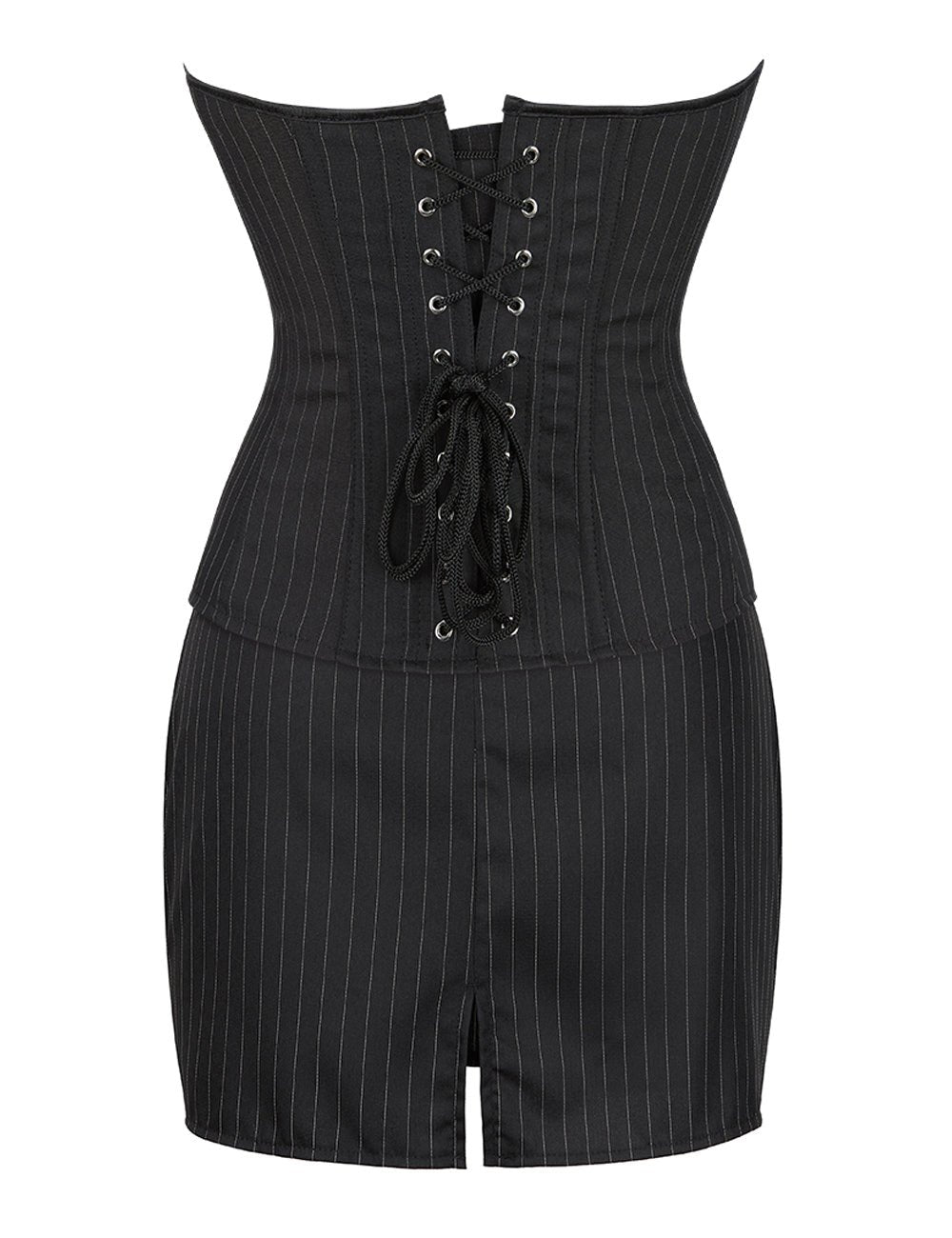 Black Striped Corset Set with Zip, Skirt & Thong - TeaseFashion