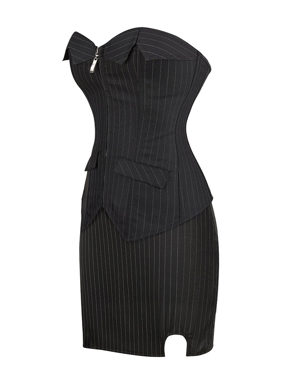 Black Striped Corset Set with Zip, Skirt & Thong - TeaseFashion