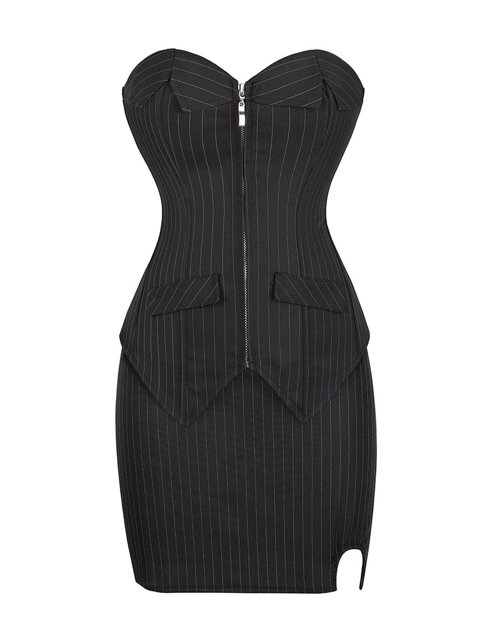 Black Striped Corset Set with Zip, Skirt & Thong - TeaseFashion