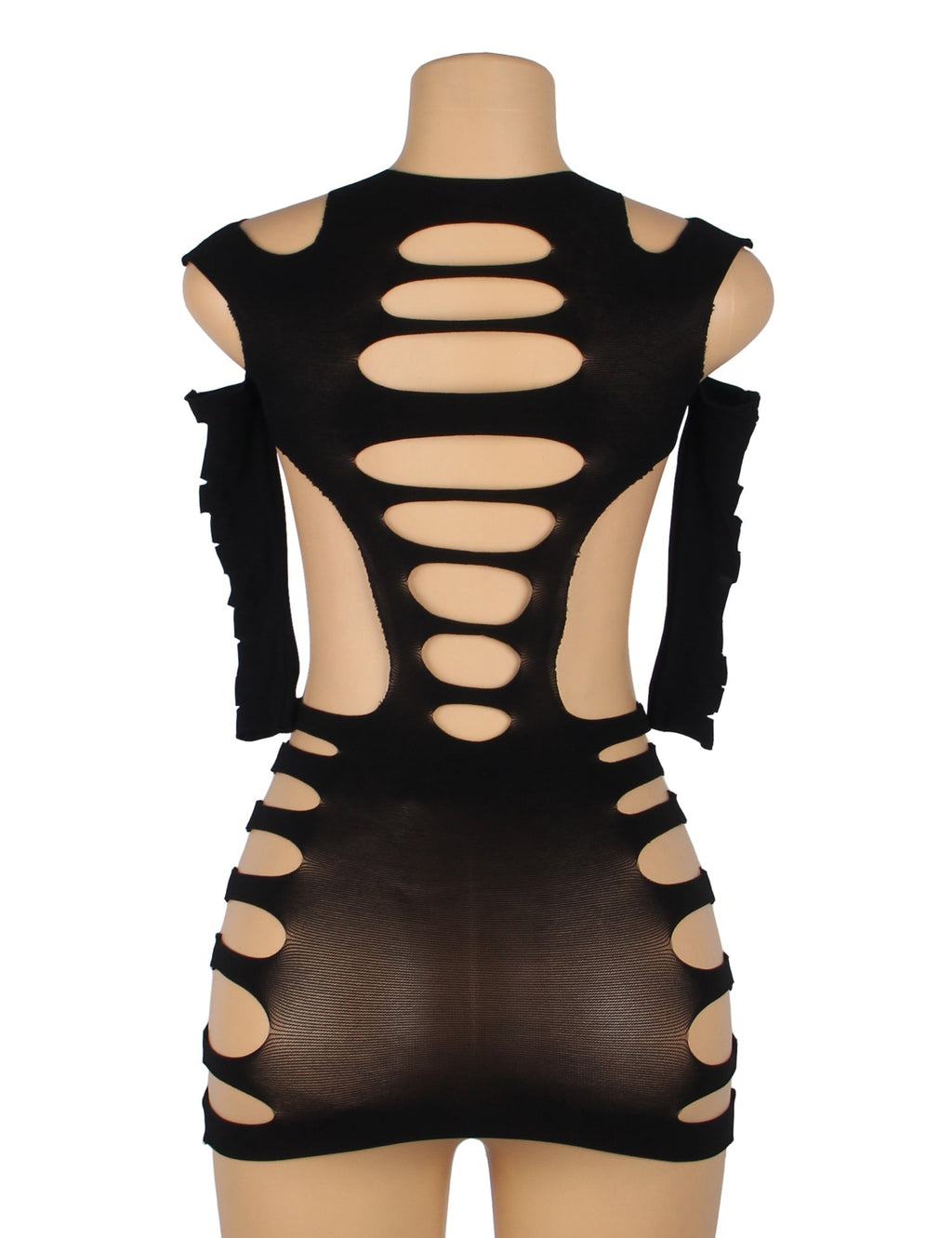 Black Striped Hollow - Out Long - Sleeve Bodycon Bodysuit - TeaseFashion