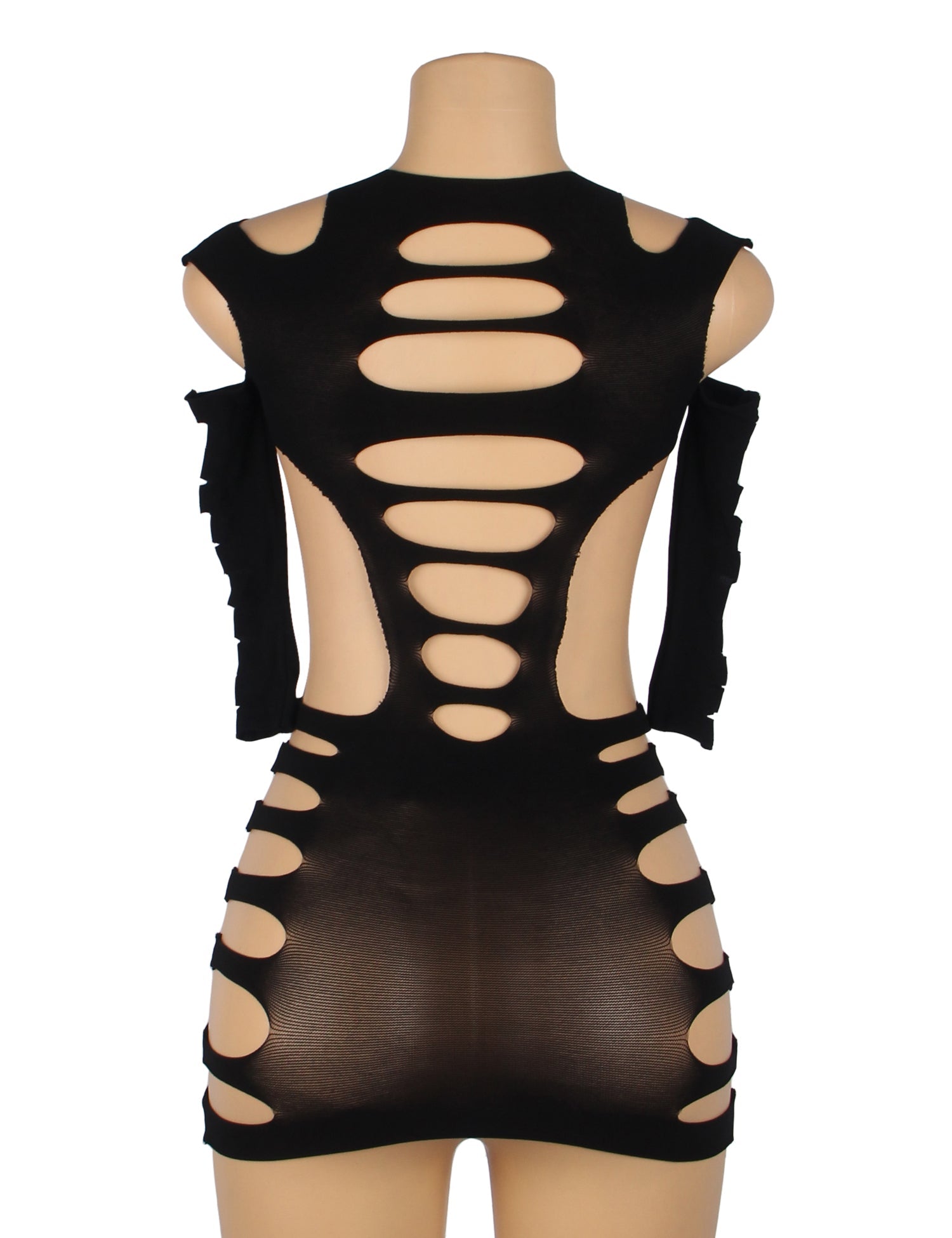 Black Striped Hollow - Out Long - Sleeve Bodycon Bodysuit - TeaseFashion