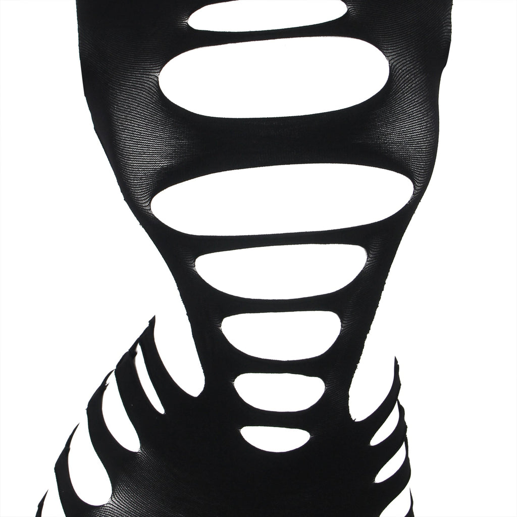 Black Striped Hollow - Out Long - Sleeve Bodycon Bodysuit - TeaseFashion