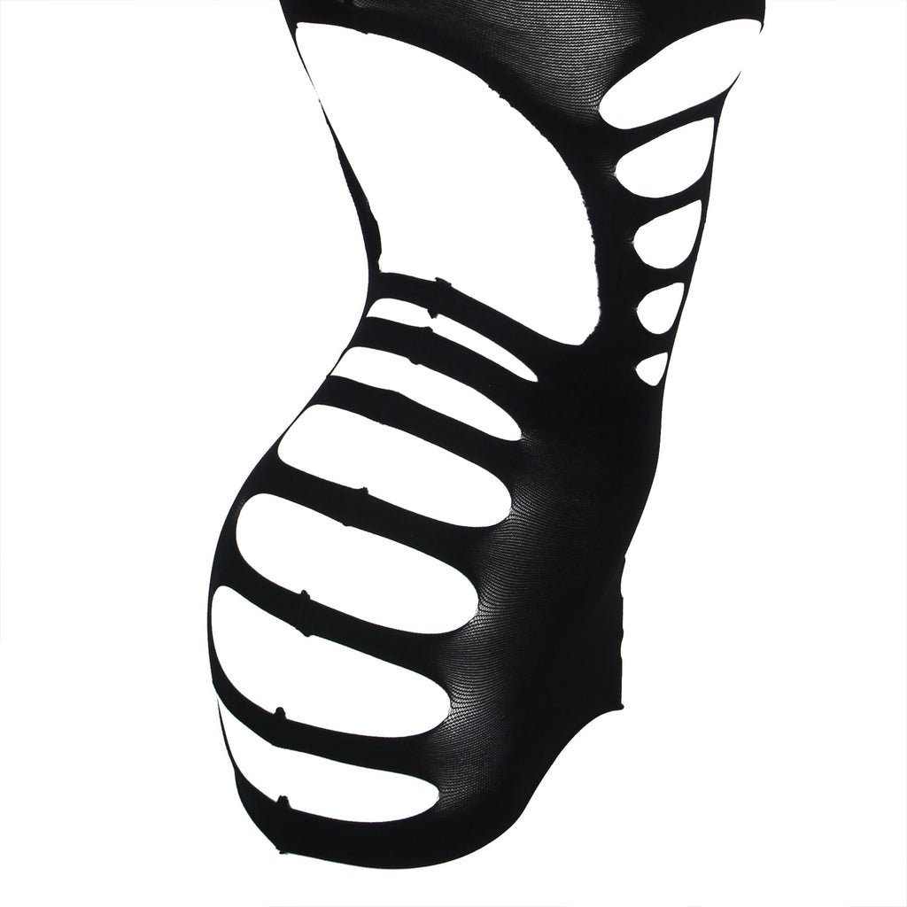Black Striped Hollow - Out Long - Sleeve Bodycon Bodysuit - TeaseFashion