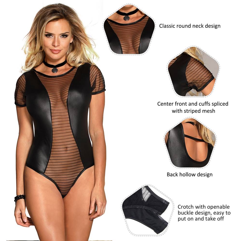 Black Striped Mesh & Leather - Look Teddy – Hollow Back & Snap Crotch - TeaseFashion