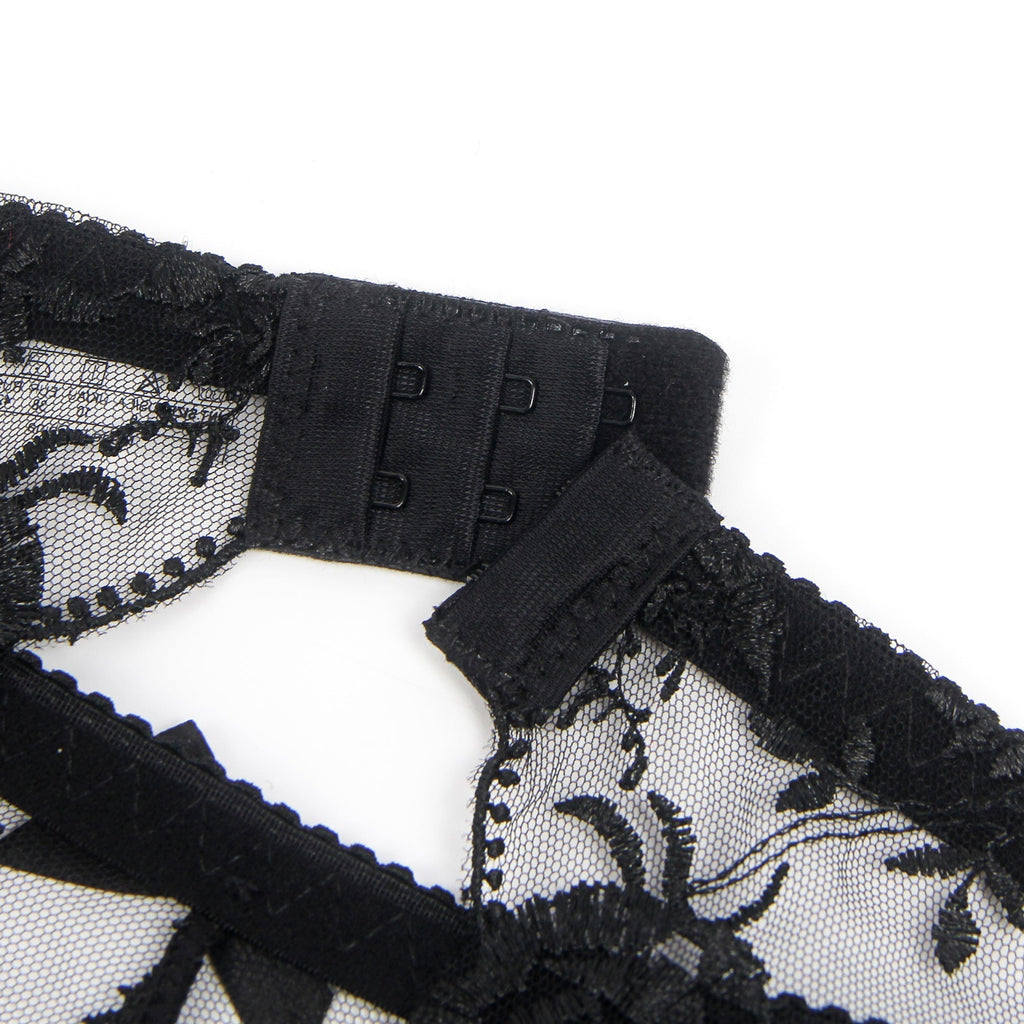Black Tulle & 3D Embroidery Garter Panty Set with Waist Button - TeaseFashion