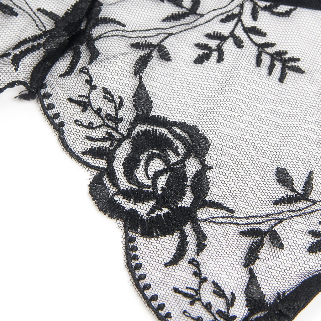 Black Tulle & 3D Embroidery Garter Panty Set with Waist Button - TeaseFashion