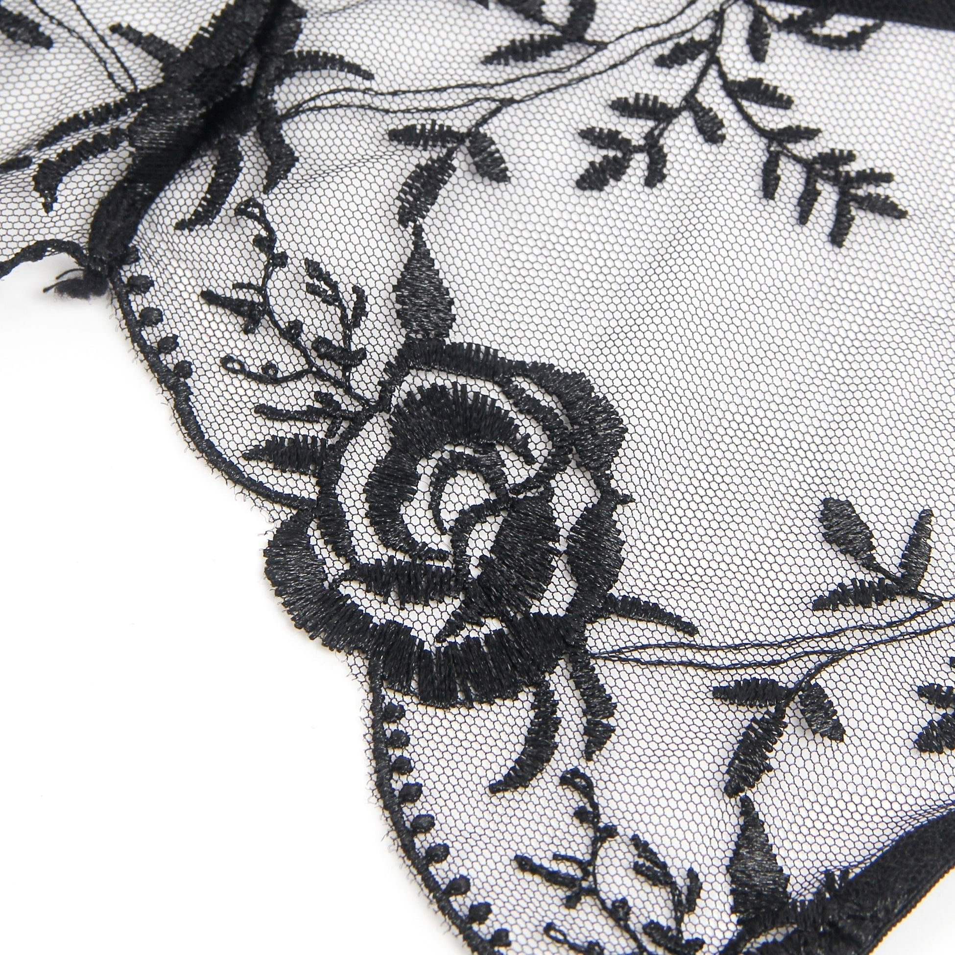 Black Tulle & 3D Embroidery Garter Panty Set with Waist Button - TeaseFashion