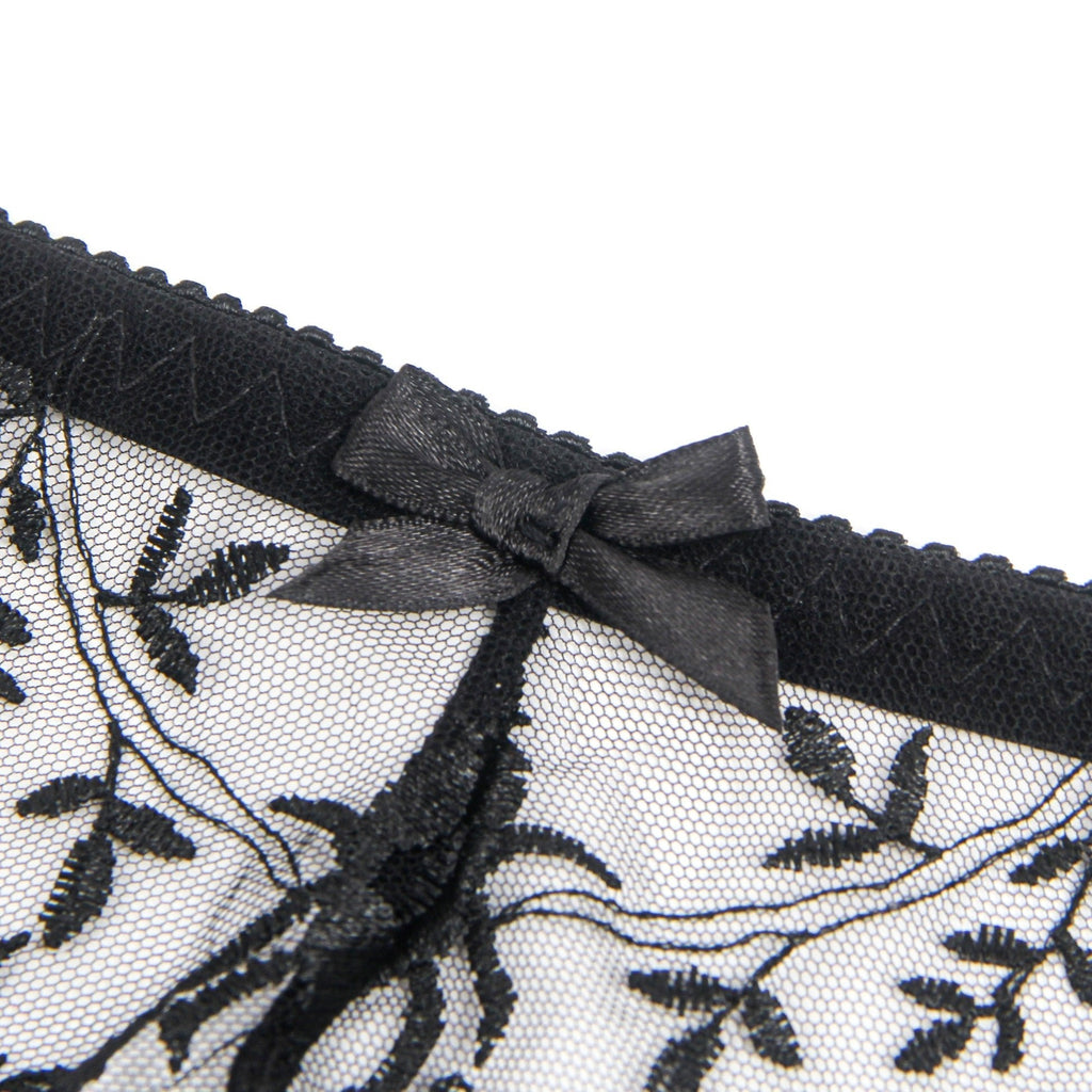 Black Tulle & 3D Embroidery Garter Panty Set with Waist Button - TeaseFashion