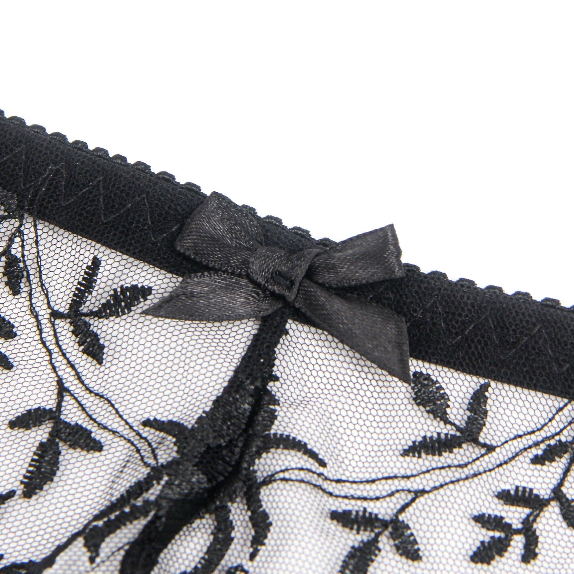 Black Tulle & 3D Embroidery Garter Panty Set with Waist Button - TeaseFashion
