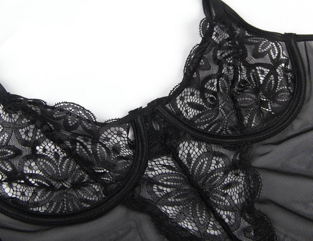 Black Underwired Mesh Babydoll with Front Lace Panel, Eyelash Lace Hem & Hook Closure - TeaseFashion