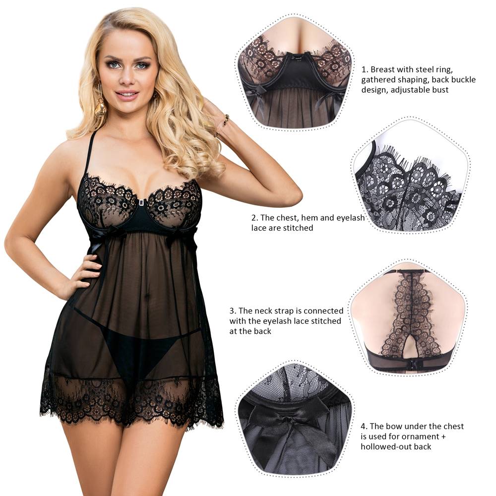 Black Underwired Ring - Support Lace & Mesh Halter Babydoll with Bow & Back Cut - Out - TeaseFashion