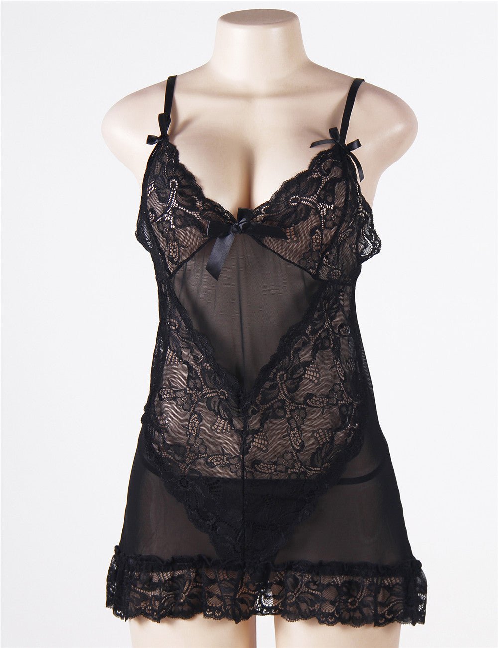 Black V - Panel Lace & Mesh Babydoll & Thong Set - TeaseFashion