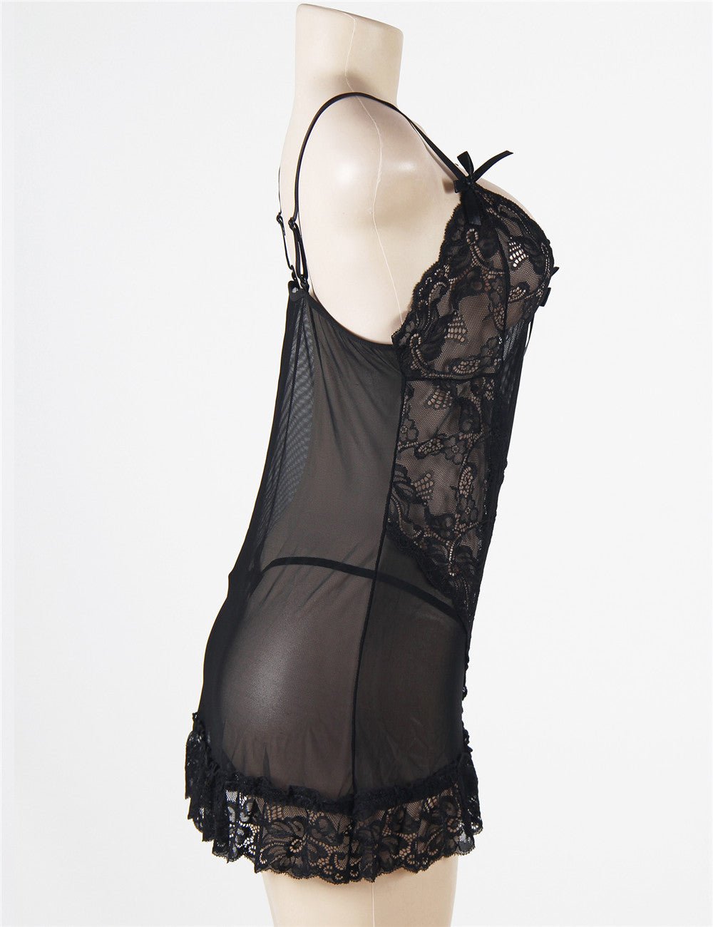 Black V - Panel Lace & Mesh Babydoll & Thong Set - TeaseFashion