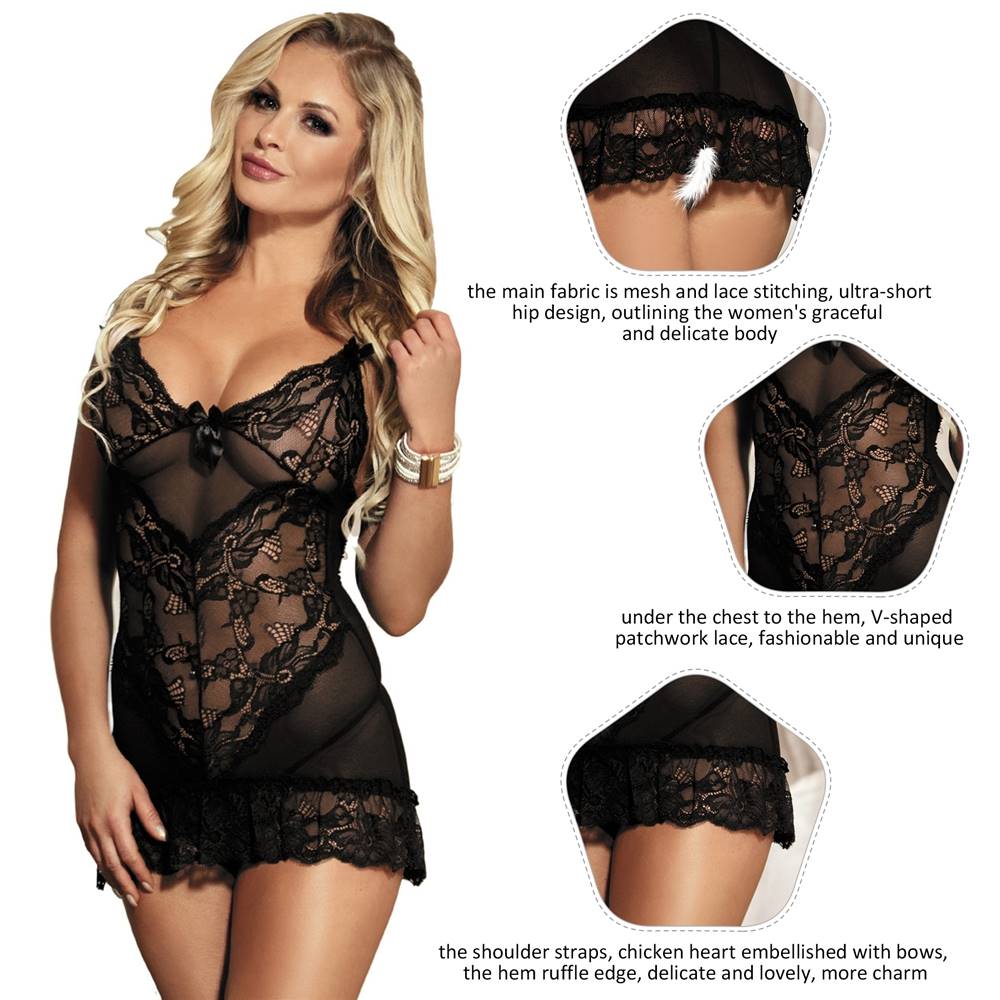 Black V - Panel Lace & Mesh Babydoll & Thong Set - TeaseFashion