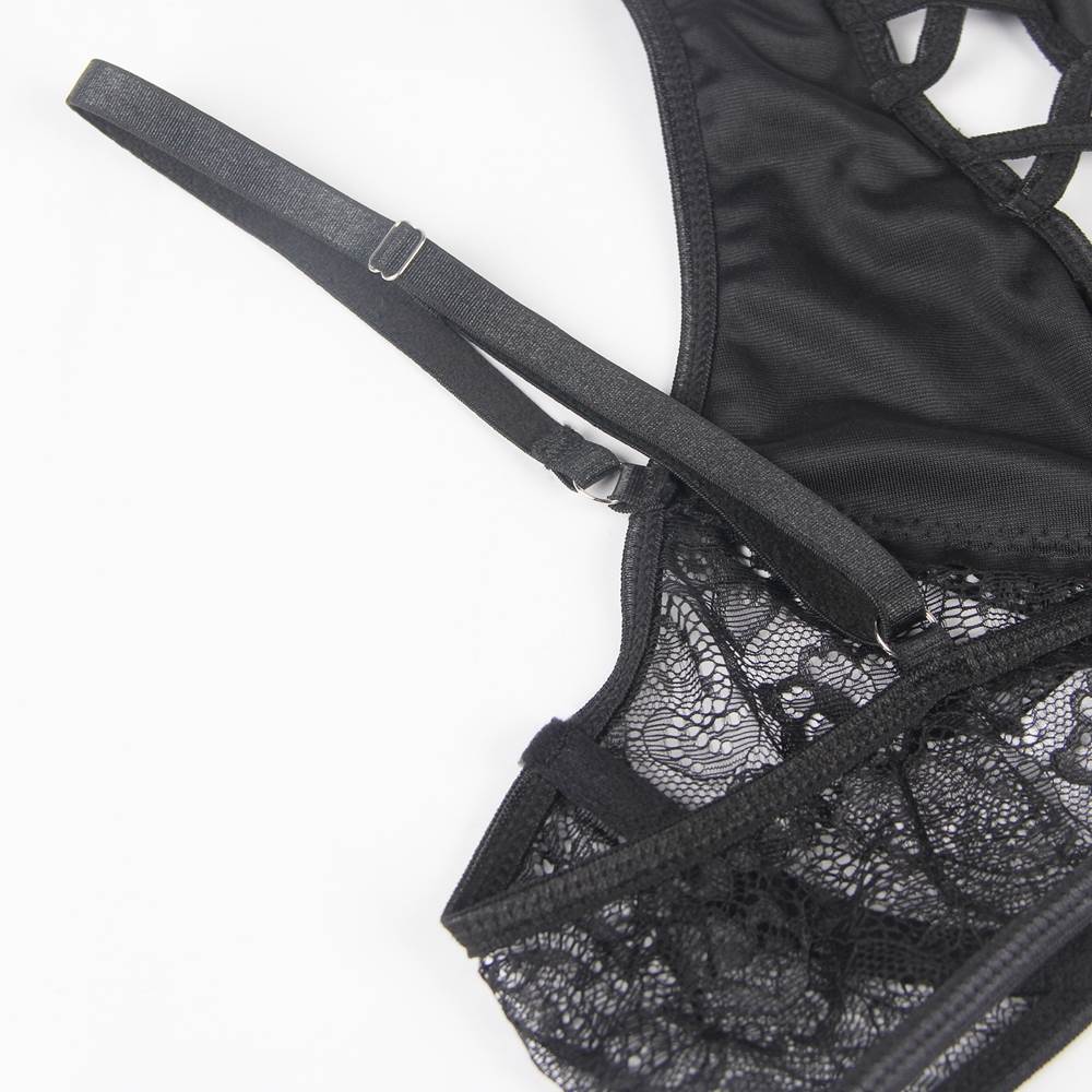 Black Velvet & Lace Halter Garter Lingerie Set – Cross Strap & Underwire - TeaseFashion