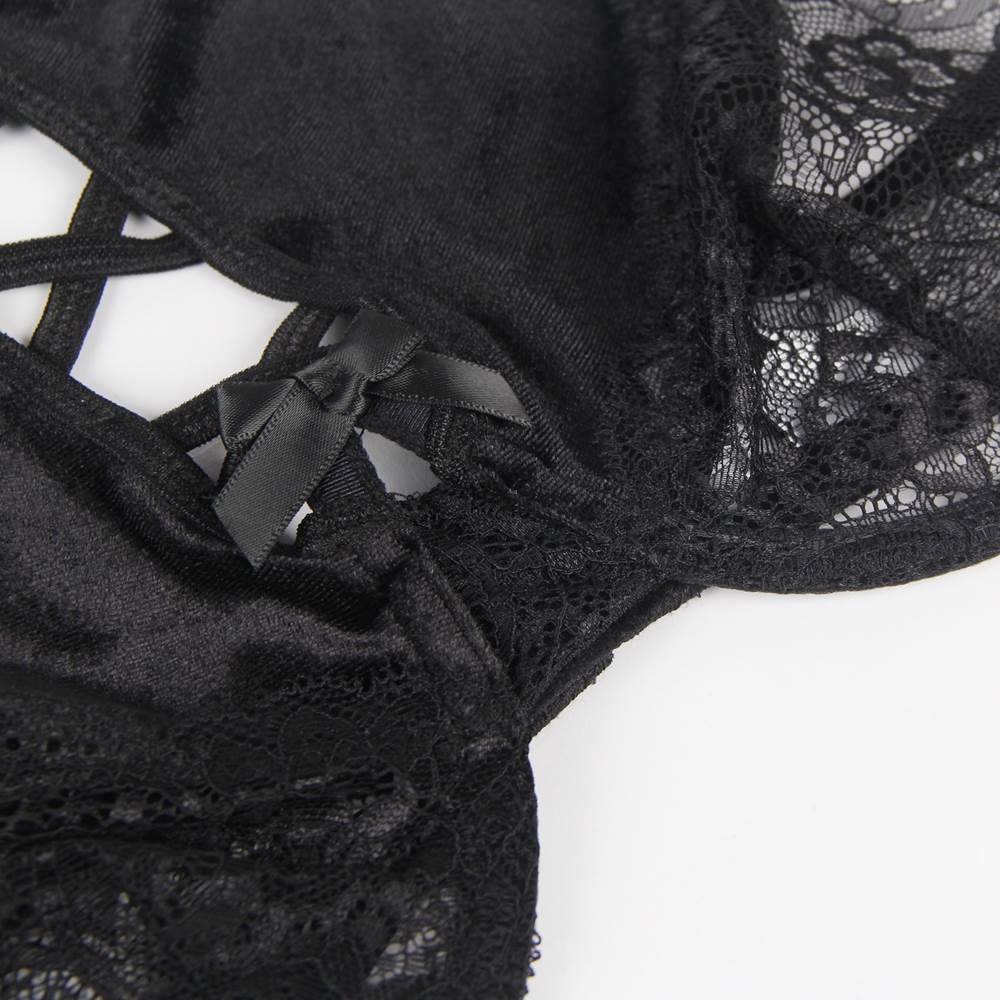Black Velvet & Lace Halter Garter Lingerie Set – Cross Strap & Underwire - TeaseFashion