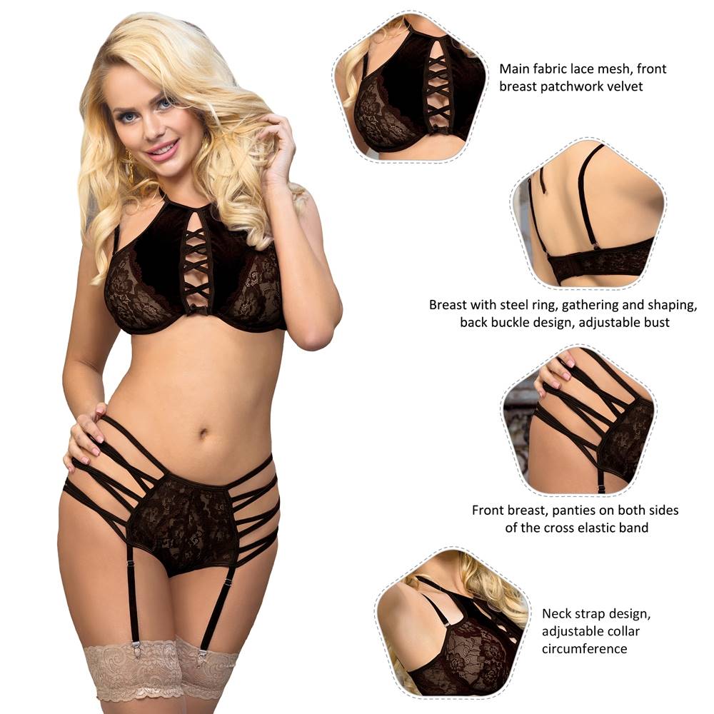 Black Velvet & Lace Halter Garter Lingerie Set – Cross Strap & Underwire - TeaseFashion