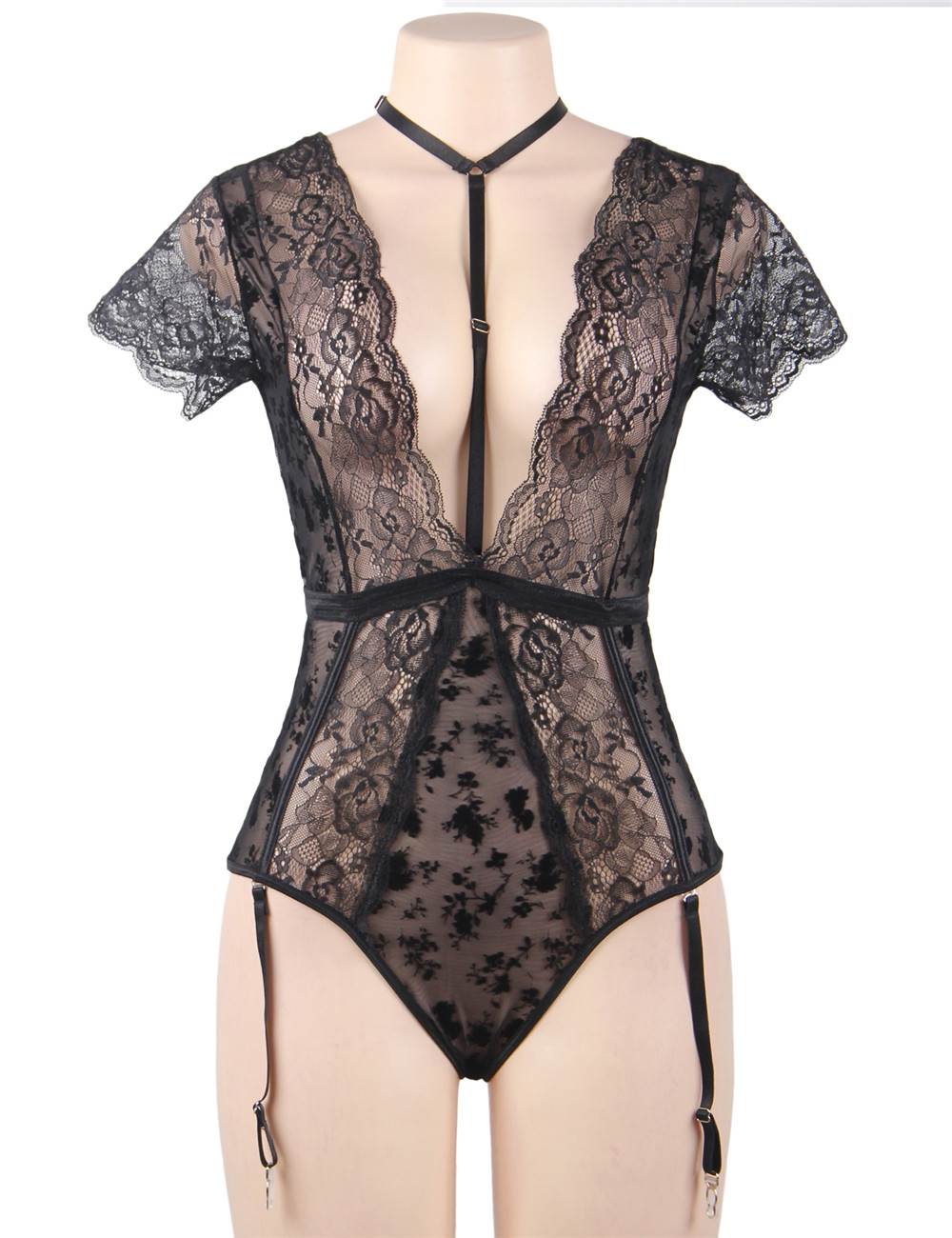 Black Velvet & Lace Teddy – Removable Choker, Deep V - Neck, Garter Straps & Crossover Waistband - TeaseFashion