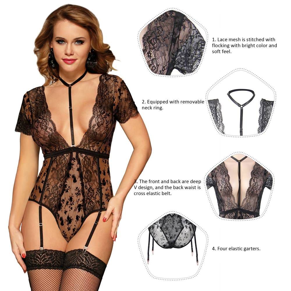 Black Velvet & Lace Teddy with Removable Choker, Dual Deep V, Crossed Back Elastic & Four Garter Straps - TeaseFashion