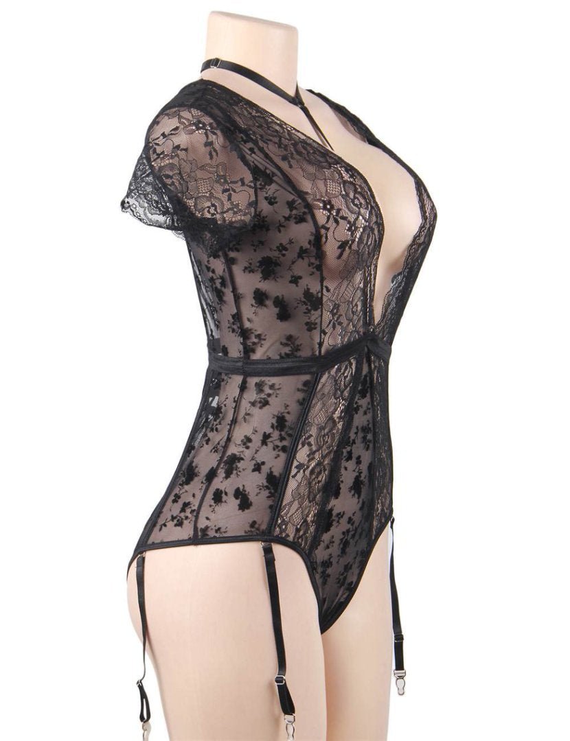 Black Velvet & Lace Teddy with Removable Choker, Dual Deep V, Crossed Back Elastic & Four Garter Straps - TeaseFashion
