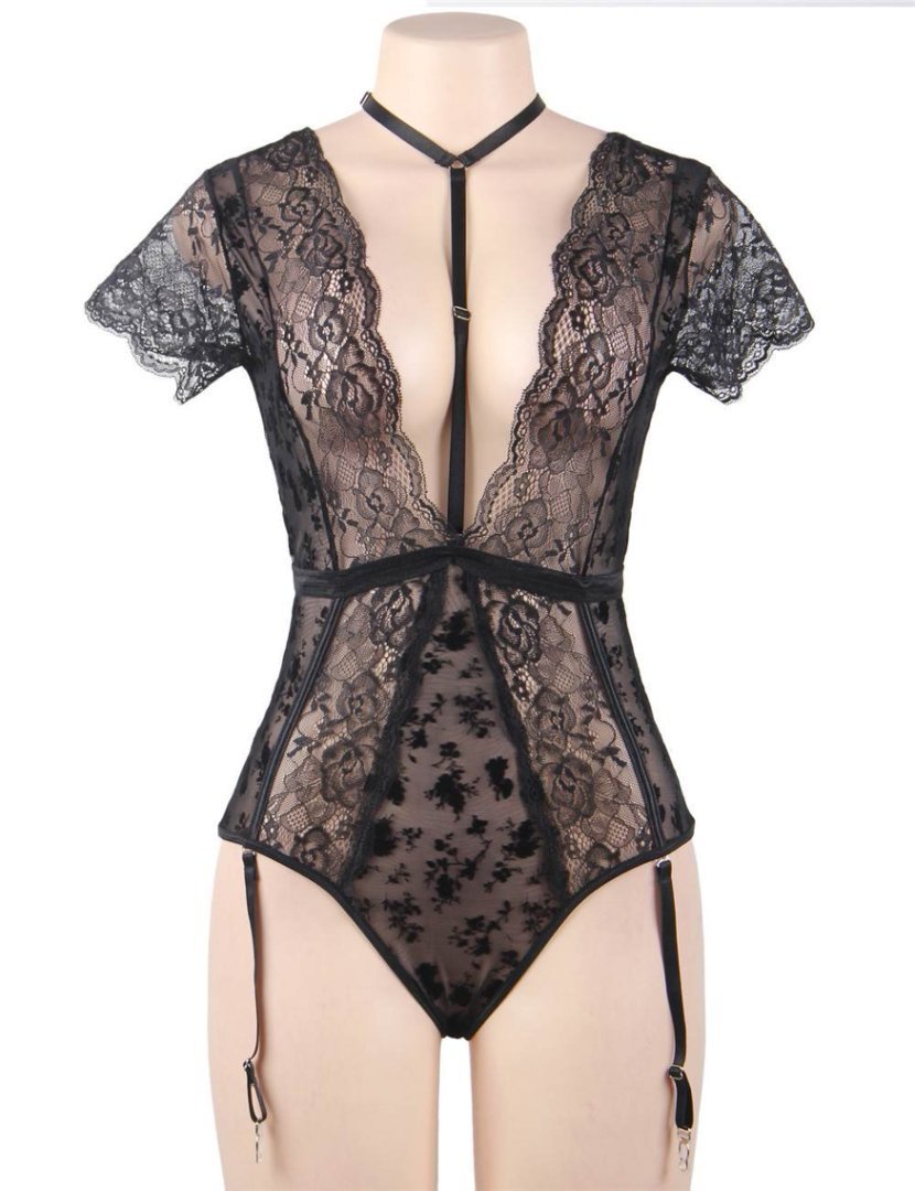 Black Velvet & Lace Teddy with Removable Choker, Dual Deep V, Crossed Back Elastic & Four Garter Straps - TeaseFashion