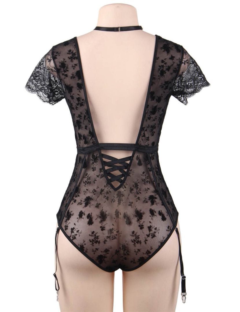 Black Velvet & Lace Teddy with Removable Choker, Dual Deep V, Crossed Back Elastic & Four Garter Straps - TeaseFashion