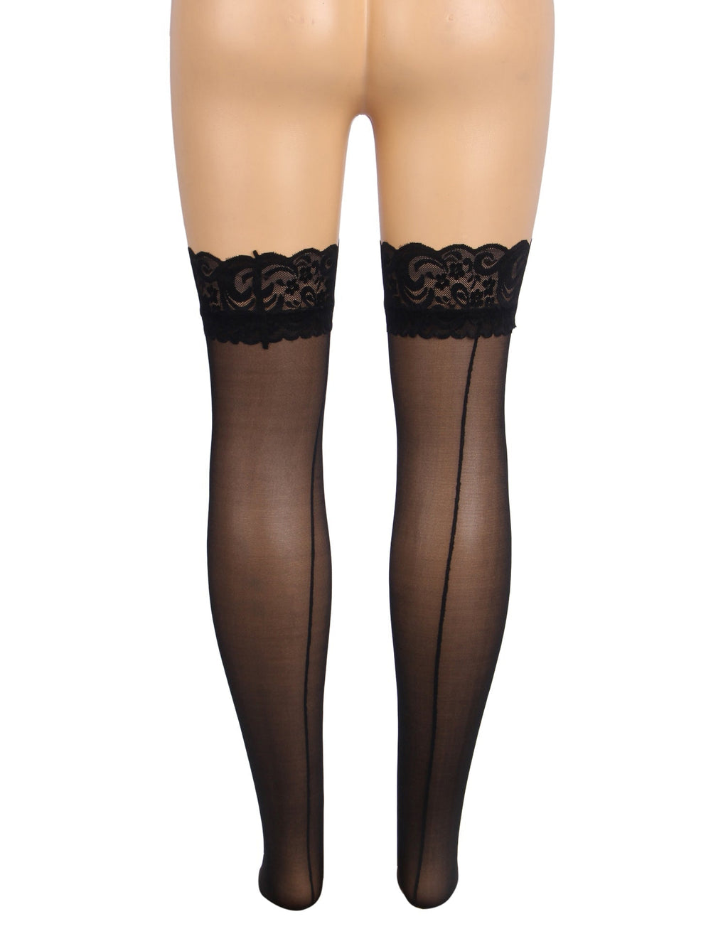 Black Vertical - Stripe Stockings with Lace Trim & Silicone Band - TeaseFashion